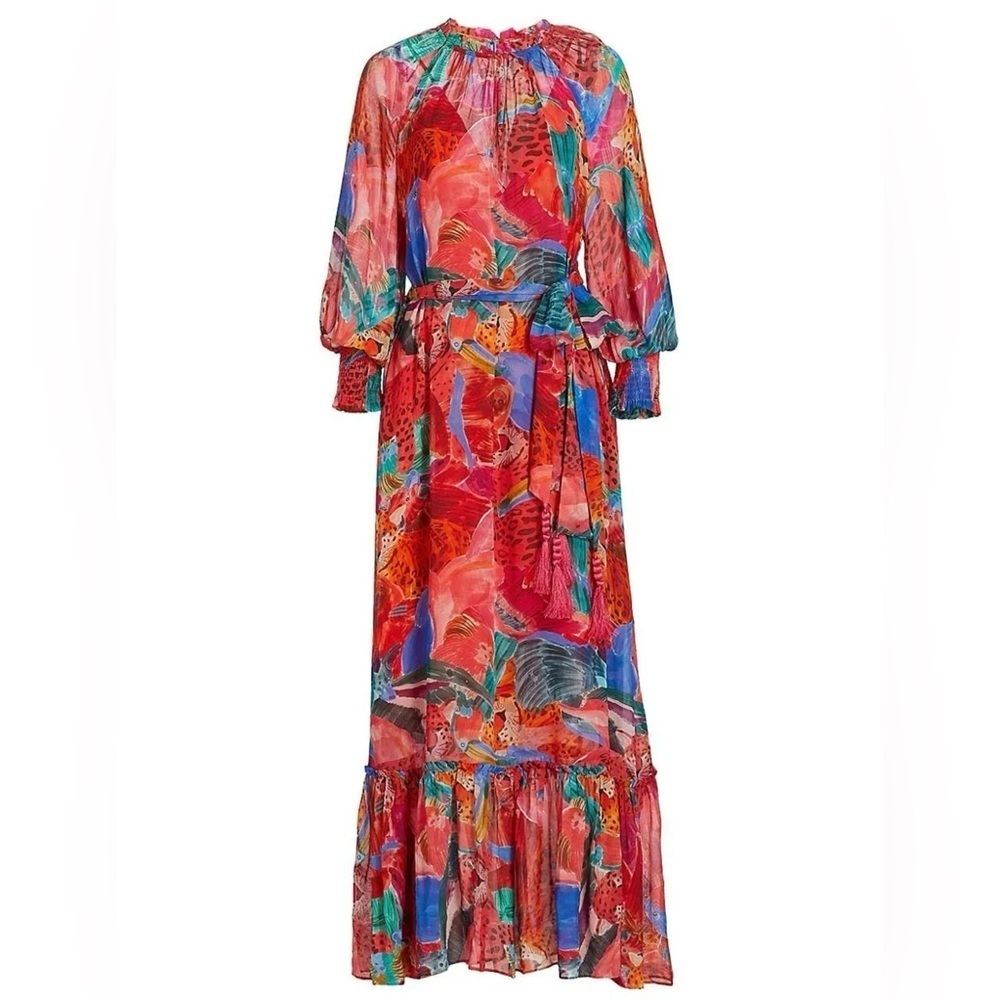 NWOT Farm Rio Animal Collage print belted long sleeves high neck Maxi Dress sz M - Picture 5 of 8
